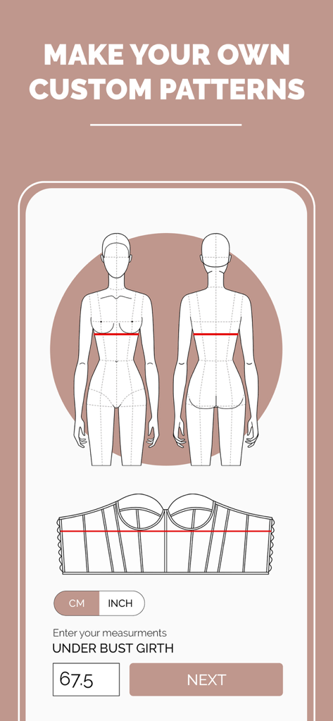 Dressmaking Academy - A mobile interface of the Dressmaking Academy app showing how to create custom sewing patterns by entering measurements like under bust girth.