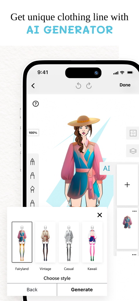 Interface of the Fashion Illustration app displaying the AI generator tool for creating unique clothing designs