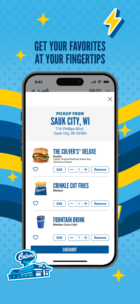 Culver's mobile app checkout screen displaying a food order with a burger, crinkle cut fries, and a drink.