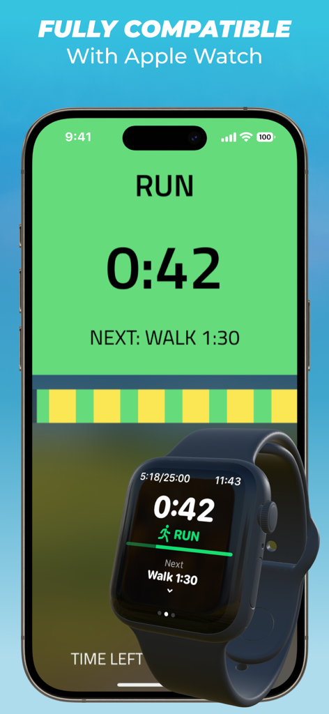 5K Runner app interface on iPhone and Apple Watch showing running intervals and timer