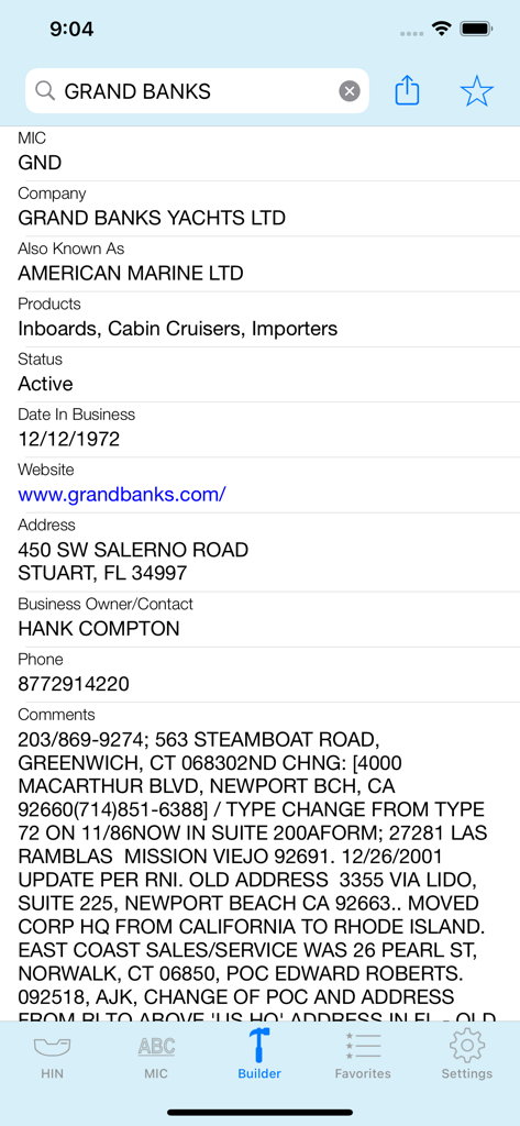 HIN Search - Boat HIN Decoder - Mobile app interface of HIN Search showing detailed manufacturer information for Grand Banks Yachts including MIC code and address