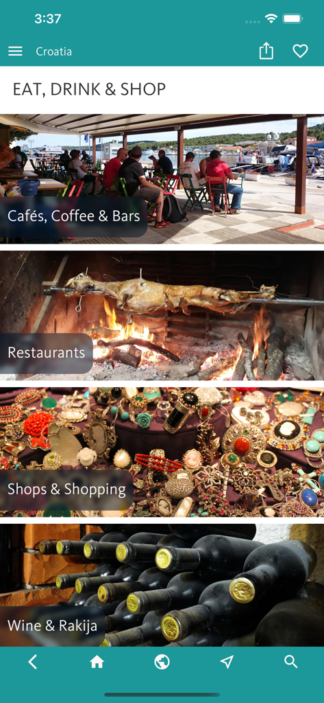 Croatia’s Best: Travel Guide - 카페, 레스토랑, 상점, 와인 섹션을 보여주는 크로아티아 최고의 여행 가이드 인터페이스.