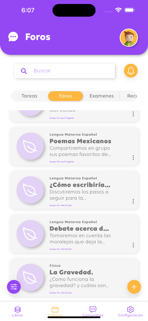 Interface of the LBS Plus app showing the community forums section with educational discussion topics for students.