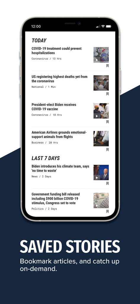 Screenshot of the WANE 15 news app displaying the saved stories feature with a list of bookmarked articles.