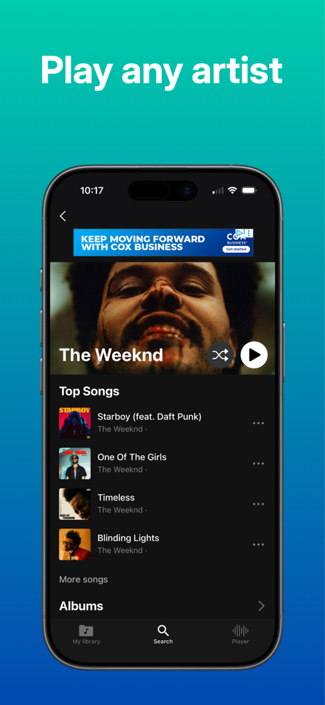 Trending Music Player - Artist profile page for The Weeknd in the Trending Music Player app featuring top songs and playback controls