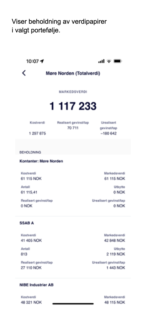 Sparebanken Møre Forvaltning - Detailed portfolio holdings screen showing market value and asset breakdown in the Sparebanken More Forvaltning app.