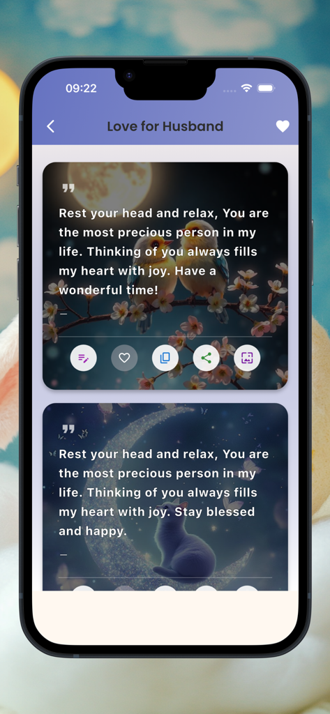 Good Morning greetings - Screenshot of the Good Morning greetings app displaying romantic message cards for a husband with bird and moon imagery