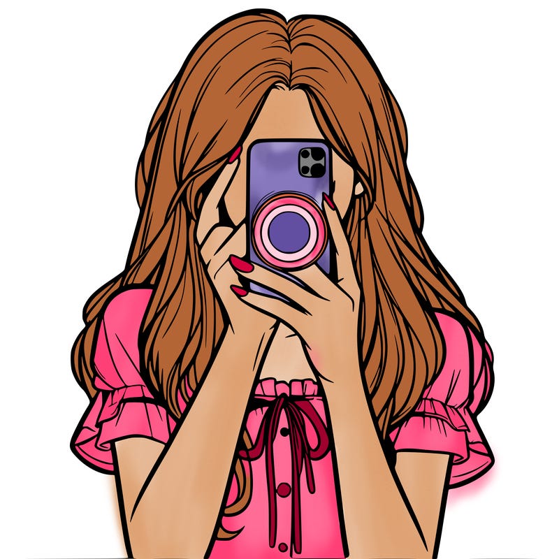 a realistic girl holding her phone taking pictures