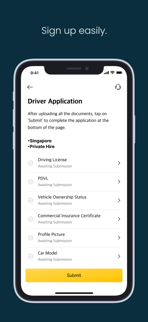 TADA Driver app signup interface showing driver application requirements and document upload sections