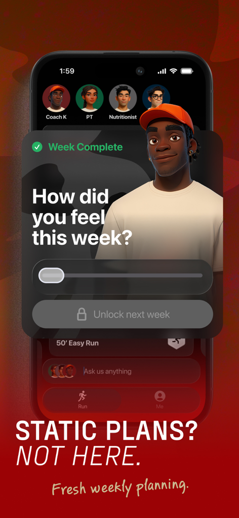 Kotcha running app weekly feedback screen for adaptive training plans