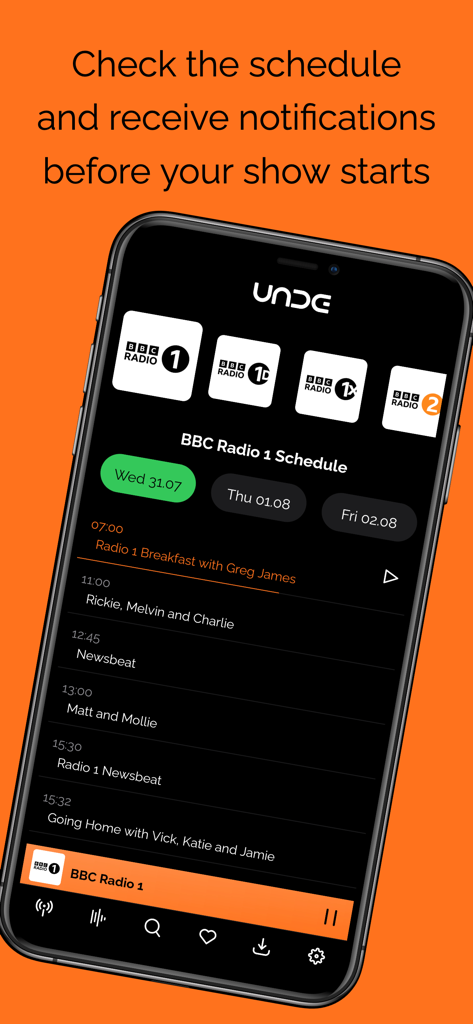 unde - Radio & Podcasts - Interfaz de la aplicación Unde que muestra un horario diario para una estación de radio en vivo