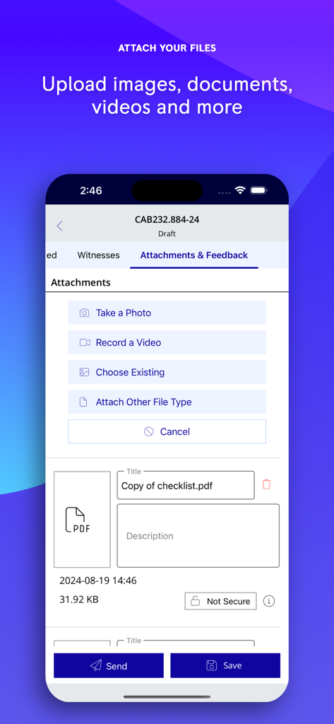 The SMS Mobile app interface for uploading photos, videos, and documents to a safety report.