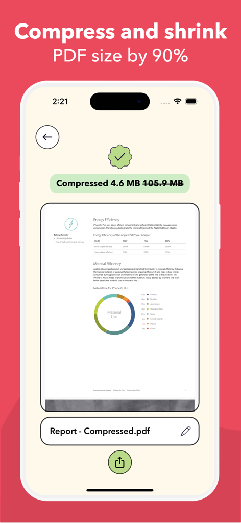 Compress It! PDF Compressor - Interfaz de la app Compress It! mostrando el tamaño de un documento PDF reducido de 105.9 MB a 4.6 MB