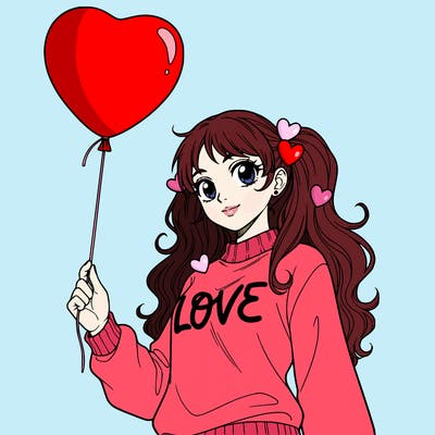 girl with no backround with a valentines day balloon in her hand holding it by the string. make her be facing the side but looking at the camera. have her have a cute valentines day sweater on. make her waist and up be showing. make her have cute pigtails with long hair. with cute hearts in her hair. make her hair be white. make her sweater just say the word love in cursive. nothing else on the sweater. make her hair be long and wavy