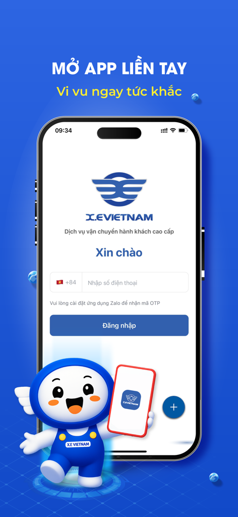 X.E Việt Nam - Đặt xe - Login screen of the XE Vietnam transportation app featuring a blue mascot