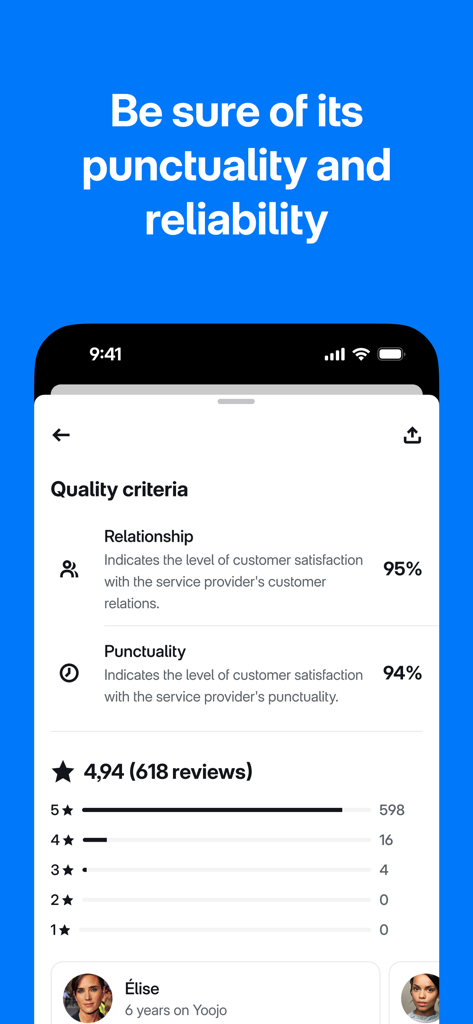Interface de l'application Yoojo affichant les critères de qualité des prestataires de services, les scores de ponctualité et les avis des clients