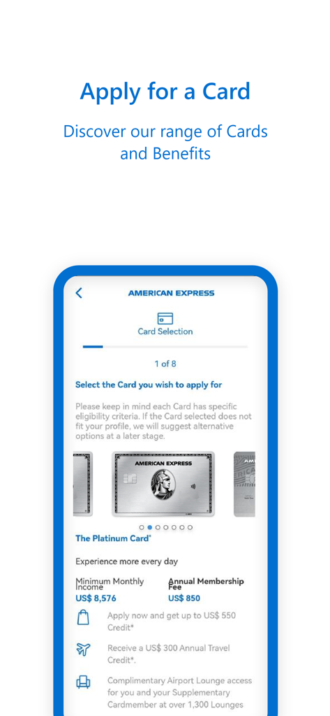 Amex MENA mobile app screen showing the card application interface for the Platinum Card with listed benefits and fees