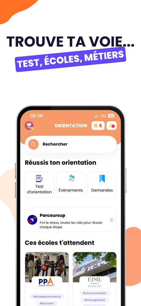 Brevet Bac Licence 2025 Nomad - Interface de l'application mobile Nomad Éducation montrant des tests d'orientation professionnelle et des options de recherche d'université.