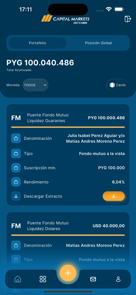 Capital Markets APP - Portfolio view of the Capital Markets mobile app showing mutual fund investments and financial performance