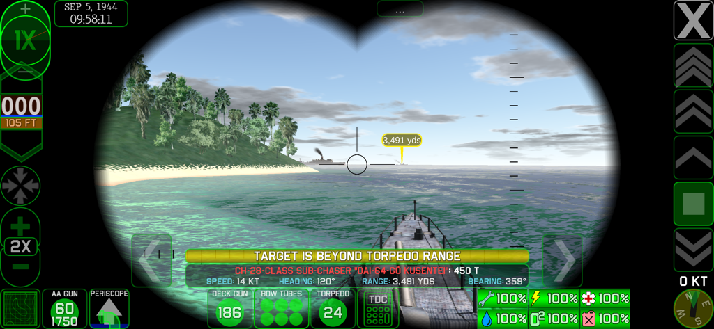 Vista de periscopio en el juego de un submarino apuntando a un barco distante en el Pacífico Sur.