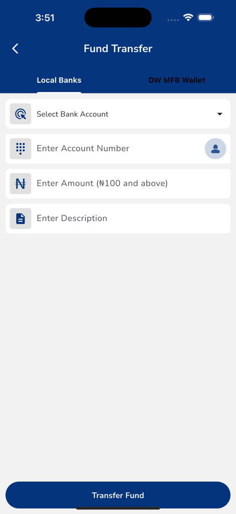 DW MFB - Fund transfer screen of the DW MFB app showing input fields for local bank account details and amount
