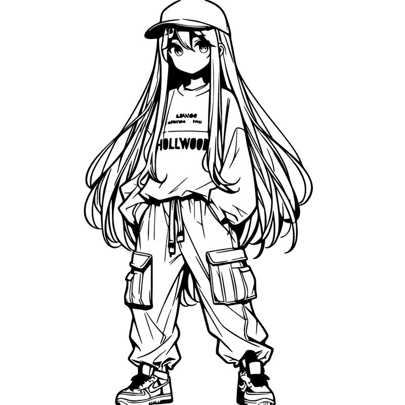 one anime girl with long straight hair wearing baggy cargo pants and an oversized shirt that says hollywood on it. she also wears a cap.