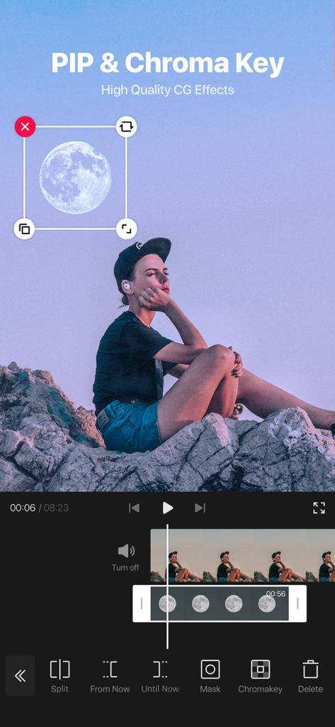 Interface do aplicativo VITA mostrando os recursos PIP e chroma key com uma sobreposição de lua em um clipe de vídeo cinematográfico