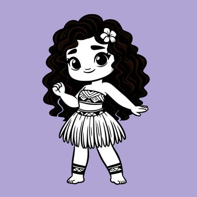 polynesian girl standing cutely wearing revealing clothes with short hula outfit and has long curly hair