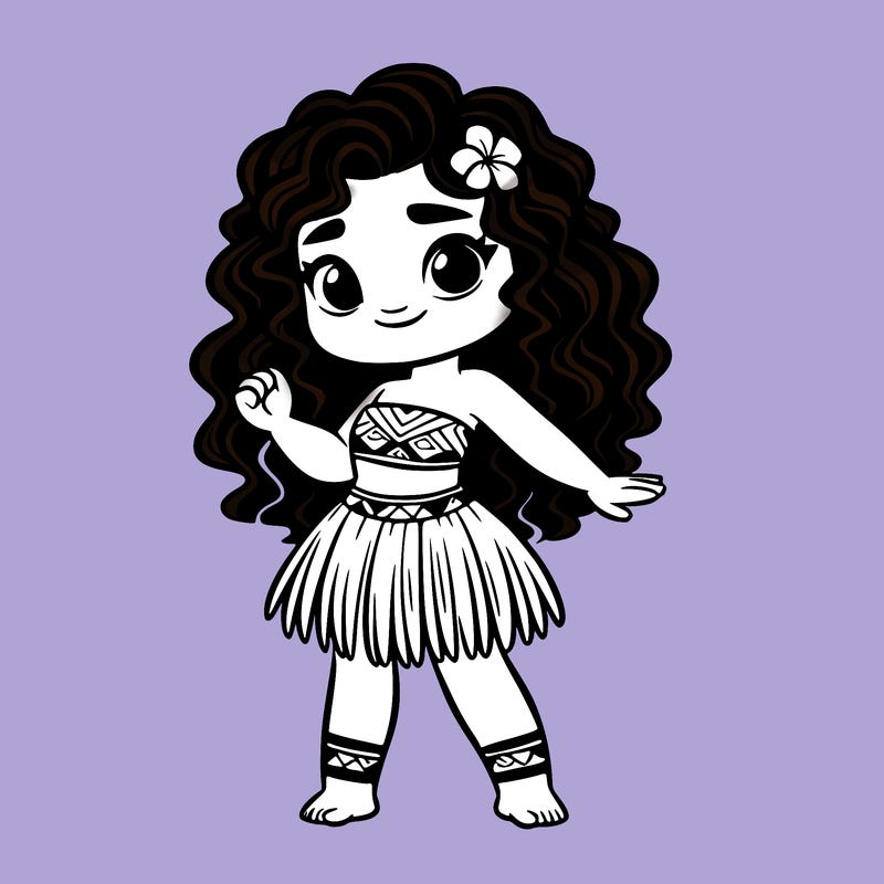 polynesian girl standing cutely wearing revealing clothes with short hula outfit and has long curly hair