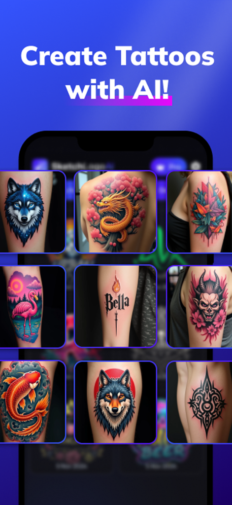 Sketch Logo AI: Logo Maker - A grid of various AI-generated tattoo designs including a wolf dragon flamingo and tribal patterns shown on skin