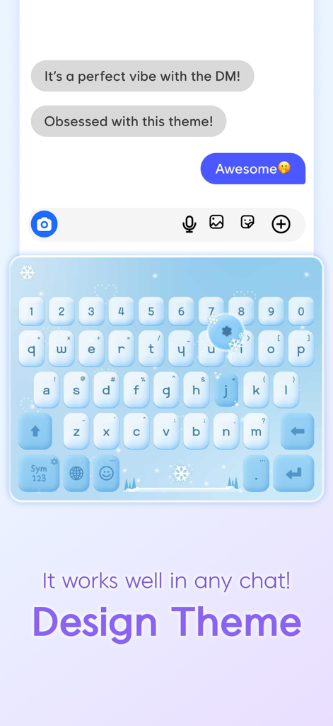 Design Keyboard - Theme, Emoji - Custom winter theme keyboard with light blue aesthetic in a chat app