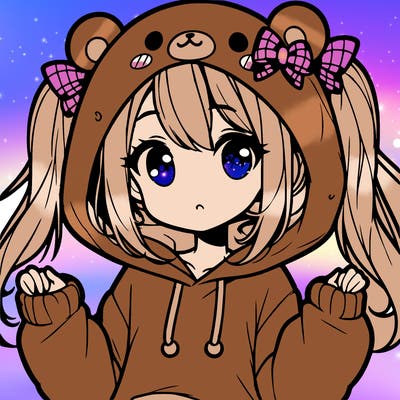 cute anime girl with ponytails and a cute bear hoodie