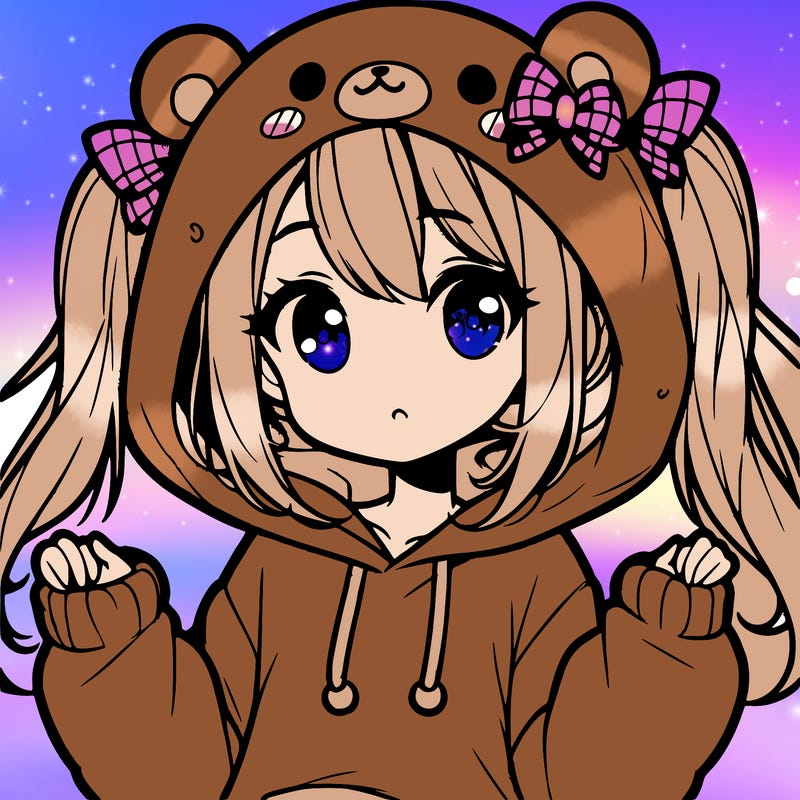 cute anime girl with ponytails and a cute bear hoodie