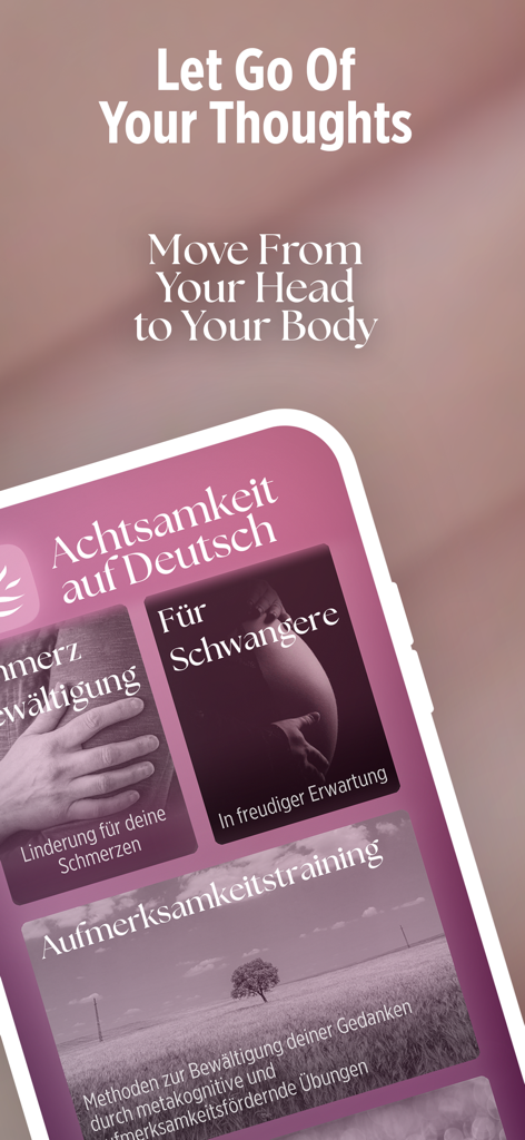 Screenshot dell'app Mindfulness in tedesco con categorie di meditazione per la gravidanza e l'allenamento dell'attenzione con il titolo Lascia andare i tuoi pensieri.