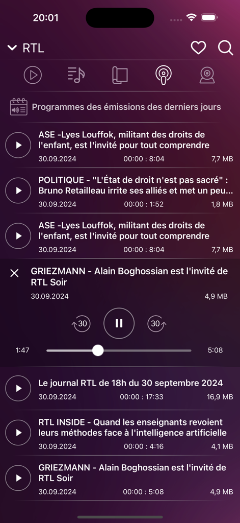 My Radio Endirect - France - Screenshot of the My Radio Endirect app interface showing a list of RTL radio podcast episodes and an active audio player