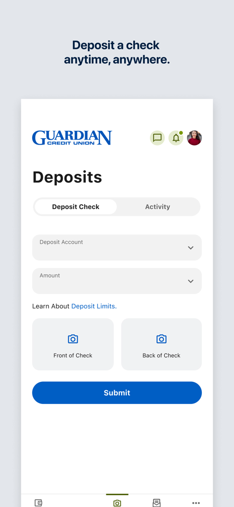 Guardian Credit Union Alabama - Guardian Credit Union Alabama mobile app interface for depositing a check