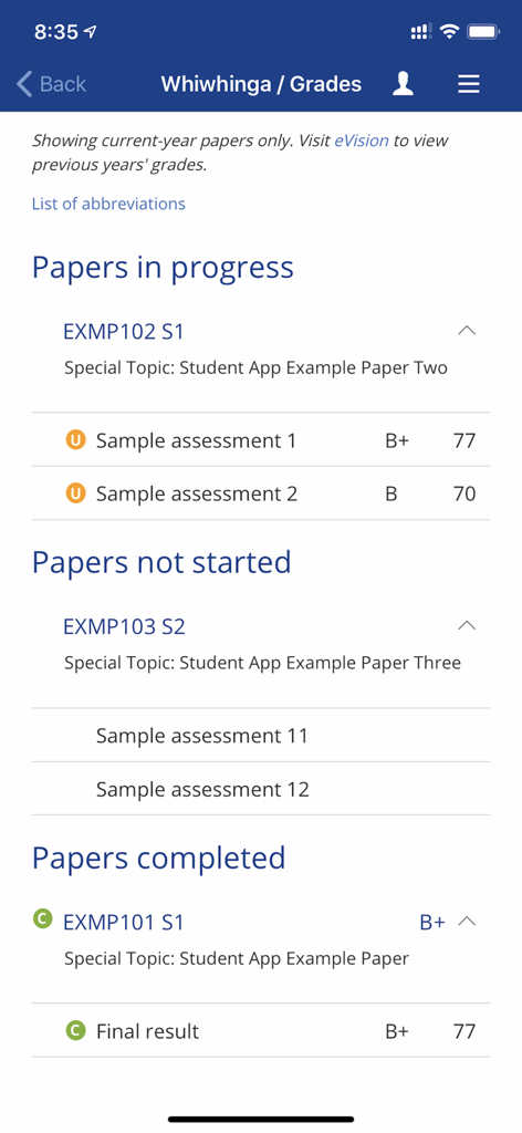 Student grades and academic paper progress view on the University of Otago app