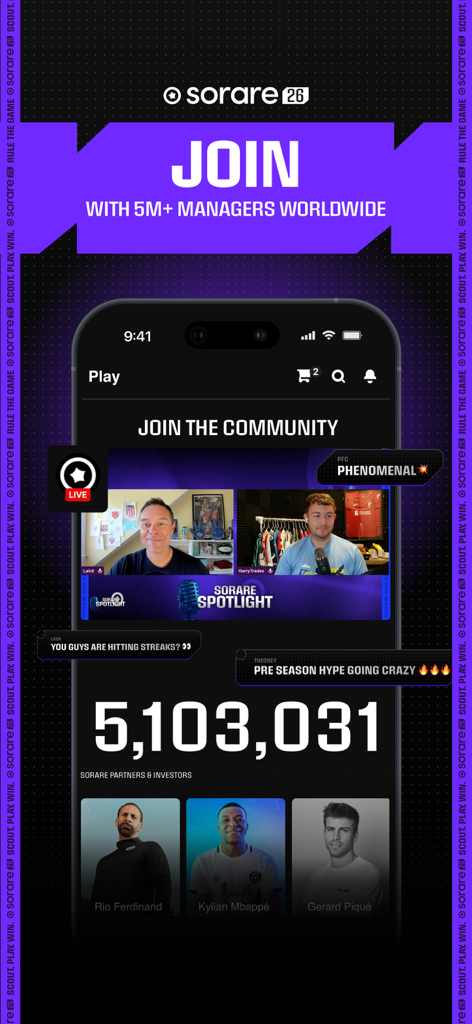 Sorare Fantasy Sports - Sorare App-Bildschirm, der über fünf Millionen Manager und berühmte Investor-Athleten wie Kylian Mbappe, Rio Ferdinand und Gerard Pique zeigt.
