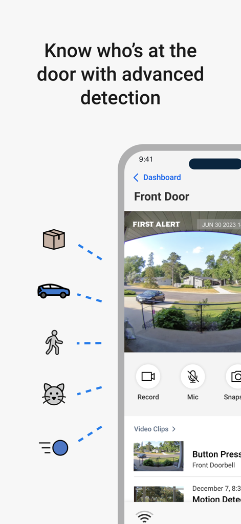 First Alert by Resideo - First Alert app showing front door video surveillance with advanced detection for people, pets, and packages.