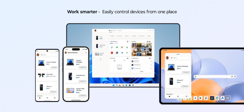 Lenovo Smart Connect app dashboard showing integration across laptop tablet and smartphone