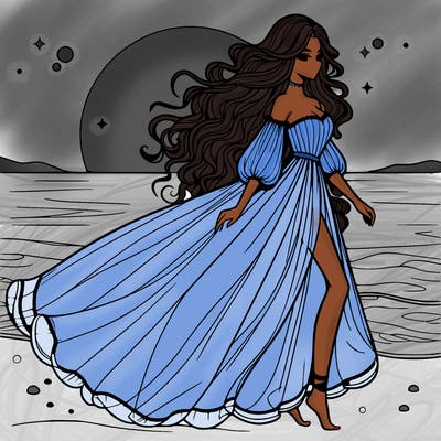 beautiful woman with a vaporous long dress walking on the beach at the noon, detailed art