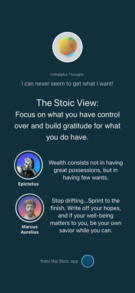 Stoic App - Stoicism for Life - Stoic app screen showing how to reframe negative thoughts using Stoic philosophy and quotes from Marcus Aurelius and Epictetus