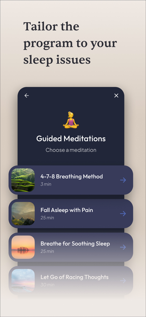 Sleep Reset: CBT for Insomnia - Interface of the Sleep Reset app showing a menu of guided meditations for various sleep issues including racing thoughts and physical pain
