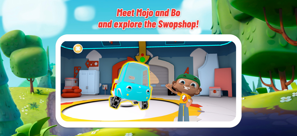 Meet Mojo Swoptops - Mojo the blue car and Bo the mechanic standing inside the Swopshop HQ garage