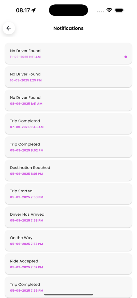 PinkUp - A list of trip status notifications in the PinkUp ride hailing app