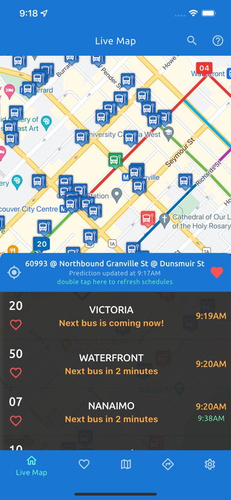 Vancouver Transit Live - L'application Vancouver Transit Live affiche les emplacements des bus en temps réel et les heures de départ sur une carte.
