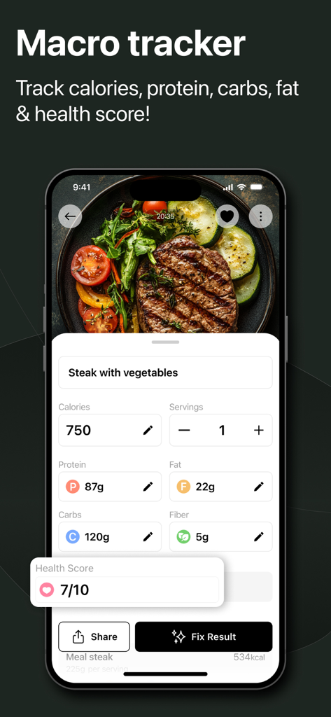 CalZen AI Food Calorie Counter - CalZen KI Makronährstoff-Tracker-Oberfläche, die Ernährungsdaten für eine Mahlzeit mit Steak und Gemüse anzeigt.