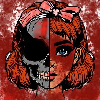 realistic girl with half skull mask