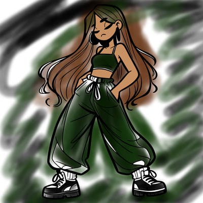 girl in baggy pants crop top and long hair
