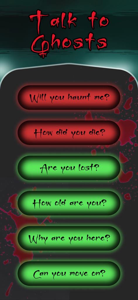 AR Spirits Box: Ghost Detector - 귀신에게 물어볼 상호작용 질문을 보여주는 귀신 탐지기 앱의 화면